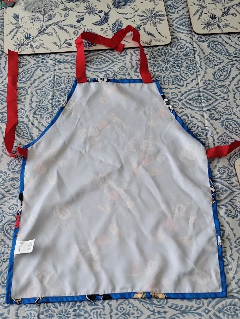 Disney Mickey Mouse Patterned Kids Apron with Blue Trim, Red Ties